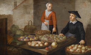 Scena di mercato con due venditrici di frutta e verdura